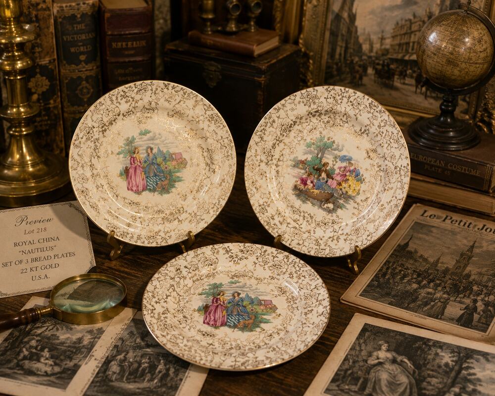 Set of 3 Royal China Nautilus 22K Gold Bread Dessert Plates Vintage USA